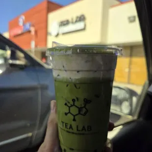 Strawberry matcha latte with boba