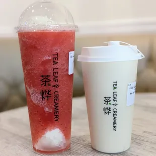 Ice Cream Strawberry Tea (L, $7.25) and Four Season Milk Tea (M, $5.25).