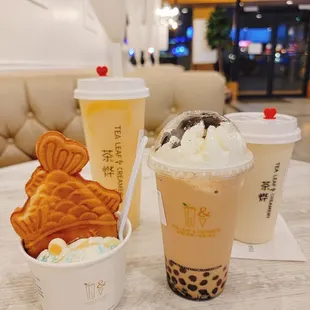 Oreo milk tea, bubble milk tea, taiyaki