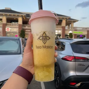 Mango Cheese Tea with lychee jelly