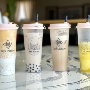 (Left to Right) Mango Sago Pomelo, Hokkaido Milk Tea, Sea Salt Coffee, Peach Slush