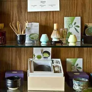 a display of teas and other items