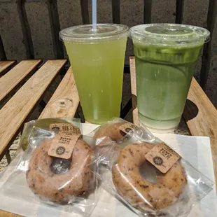 (Left) Cold Brew. (Right) Iced Matcha Latte with Tofu Donuts (Left to right) Matcha, Chocolate Chip, and Earl Grey.