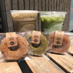 Tufo donuts (choco chip, early grey, green tea). Green Tea Lattes (cold).