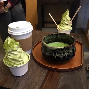 2 matcha soft serve ice cream, a matcha latte, and ceremonial grade matcha