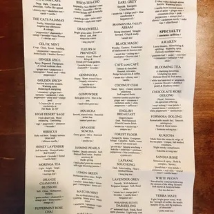 Tea menu