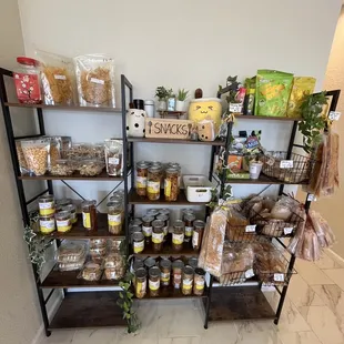 Shelves of snacks and baked goods