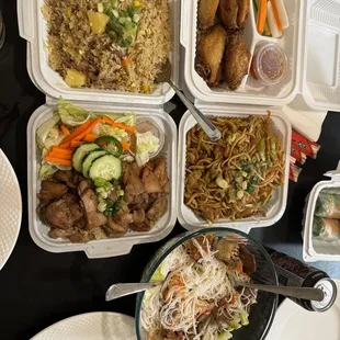 Pineapple pork over fried rice, Chow Mein, Imperial Roll with Pork Cold Rice Noodle, 5 Spice Chicken fried Rice, Fried Chicken Wings