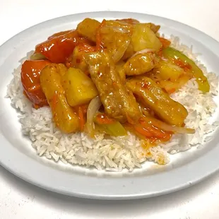 Sweet and sour fish over rice