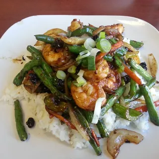 Green Bean Prawns Over Rice