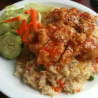 Deep Fried Chicken Over Fried Rice