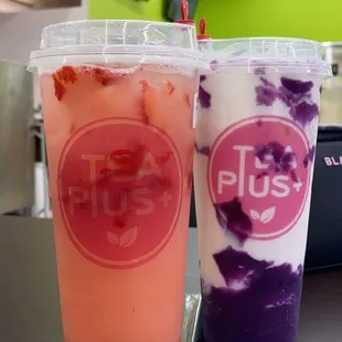 Strawberry Yakult (Left) Ube messy milk (Right)