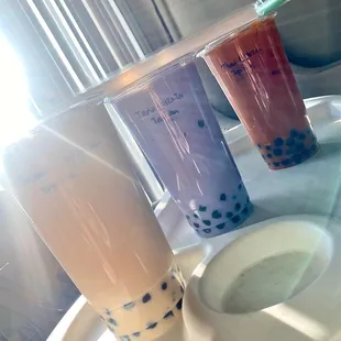 Jasmine Milk Tea, Taro Milk Tea, and Thai Milk Tea--thanks DoorDash!