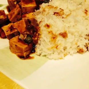 This is the ma po tofu igot as takeout for lunch today. It's spicy but the flavor is addicting.