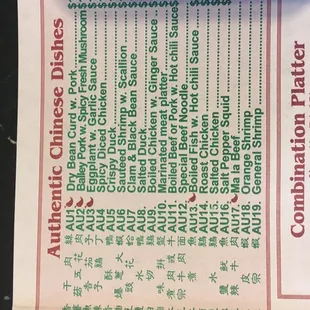 Authentic chinese dishes menu