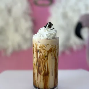 a tall glass of iced coffee