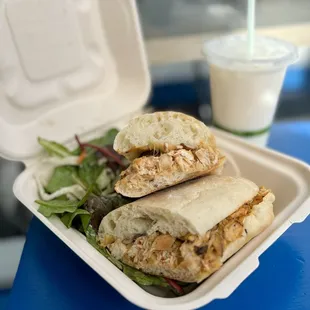 Free-Range Chicken Sandwich w/ sweet chilies, onions, tomatoes, pepper jack cheese, side greens ($11.95) + Tie Guan Yin MT ($4)