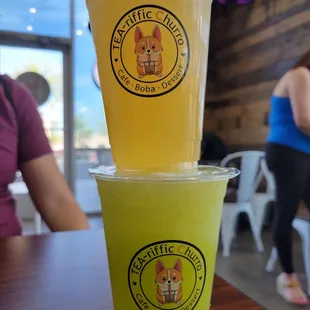 Kumquat green tea and sugar cane juice.