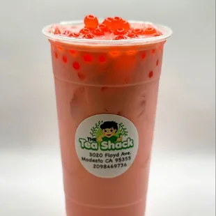 Strawberry milk tea with strawberry pop