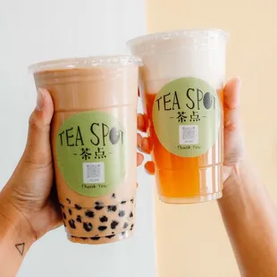 boba milk tea &amp; lychee tea with cheese foam