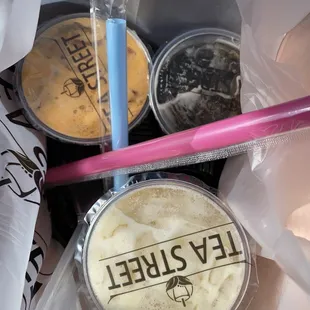 Thai milk tea, plum juice winter melon tea, and coconut milk tea