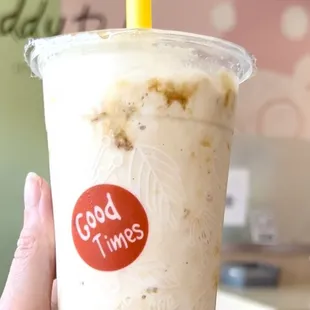 Tiger Frosty Milk Tea with honey boba and caramel drizzle