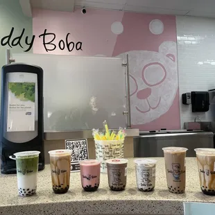 Matcha milk tea, tiger milk tea, strawberry banana smoothie,  chocolate oreo shake, cookies &amp; cream shake, house milk tea &amp; tiger milk tea.