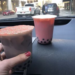 Strawberry and taro flavored boba