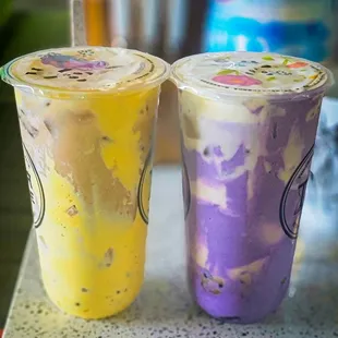 Black milk tea with puff cream and Ube tiger boba