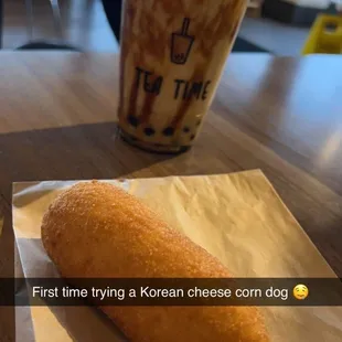 Lava bubble milk tea and Korean cheese corn dog