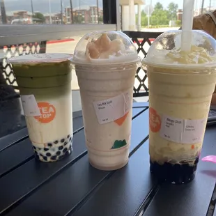 Matcha Latte with Boba, Taro Milk Slush and Mango Smoothie with Coconut Jelly and Boba Pearls.