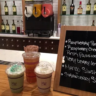 Iced tea and frozen matcha and chai with baileys