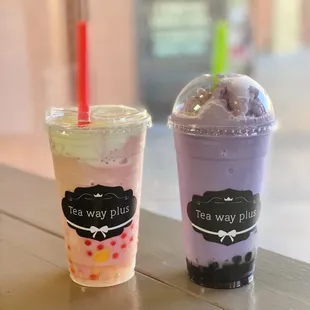 watermelon slush with sea salt cream and toppings and taro slush with toppings