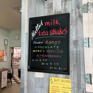 Additional menu with milk tea shakes and hot drinks