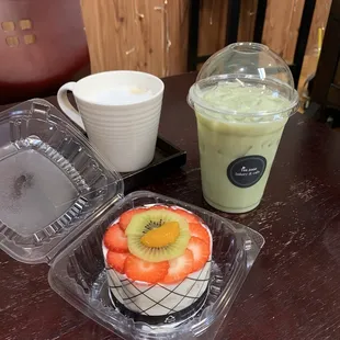 Cappuccino, iced matcha latte, Fresh Fruit Cake