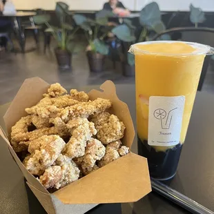 Popcorn chicken (extra crispy) &amp; Mango Slushy w/black boba