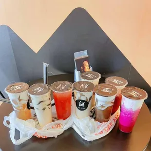a variety of drinks on a table