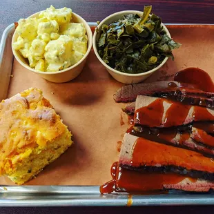 Tater salad, greens, cornbread and brisket