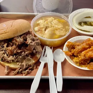 Brisket Sandwich (chopped), Candied Yams, Peach Cobbler. All was great!!!