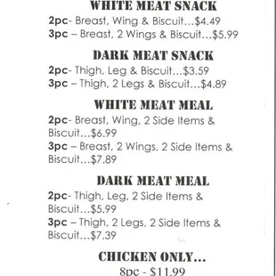 menu for fried chicken