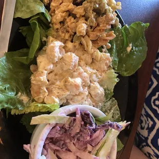 Cold plate with Shrimp salad, slaw and pasta salad