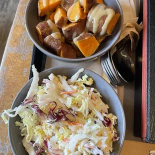 Sweet potatoes with miso and Asian slaw sides