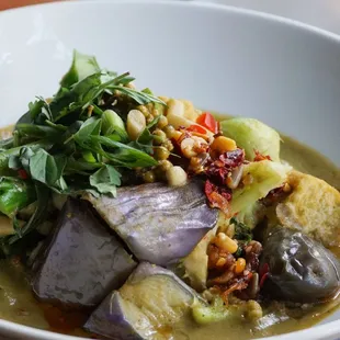 Green Curry Noodles (Tofu, seasonal vegetables, rice noodles, fish sauce, green curry, herbs, crunchy peanut-chili mix)