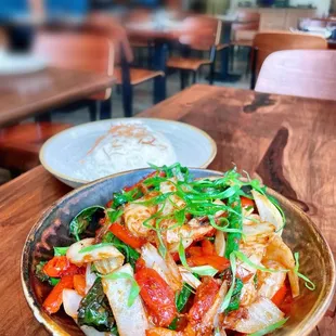 Kebat shrimp +$6 / Burmese Treasure Box $25.95; coconut rice.