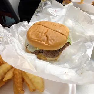 a hamburger and french fries