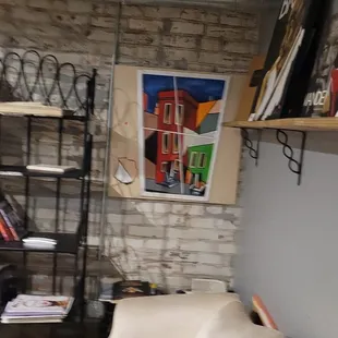 a couch and bookshelf