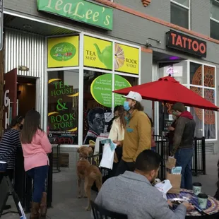 people eating outside