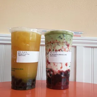 Mango Fruit Tea &amp; Strawberry Matcha Latte with boba. So good!! :)
