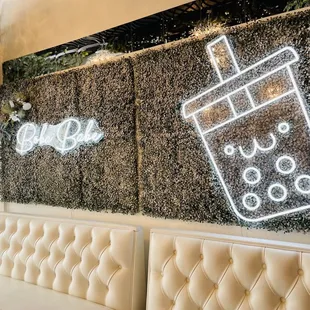 Interior seating with fun backsplash for photos