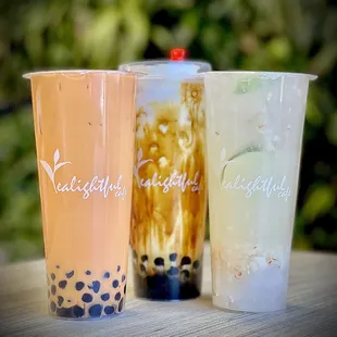 Thai Milk Tea, Brown Sugar Boba Latte &amp; Lychee Lemonade with lychee jelly